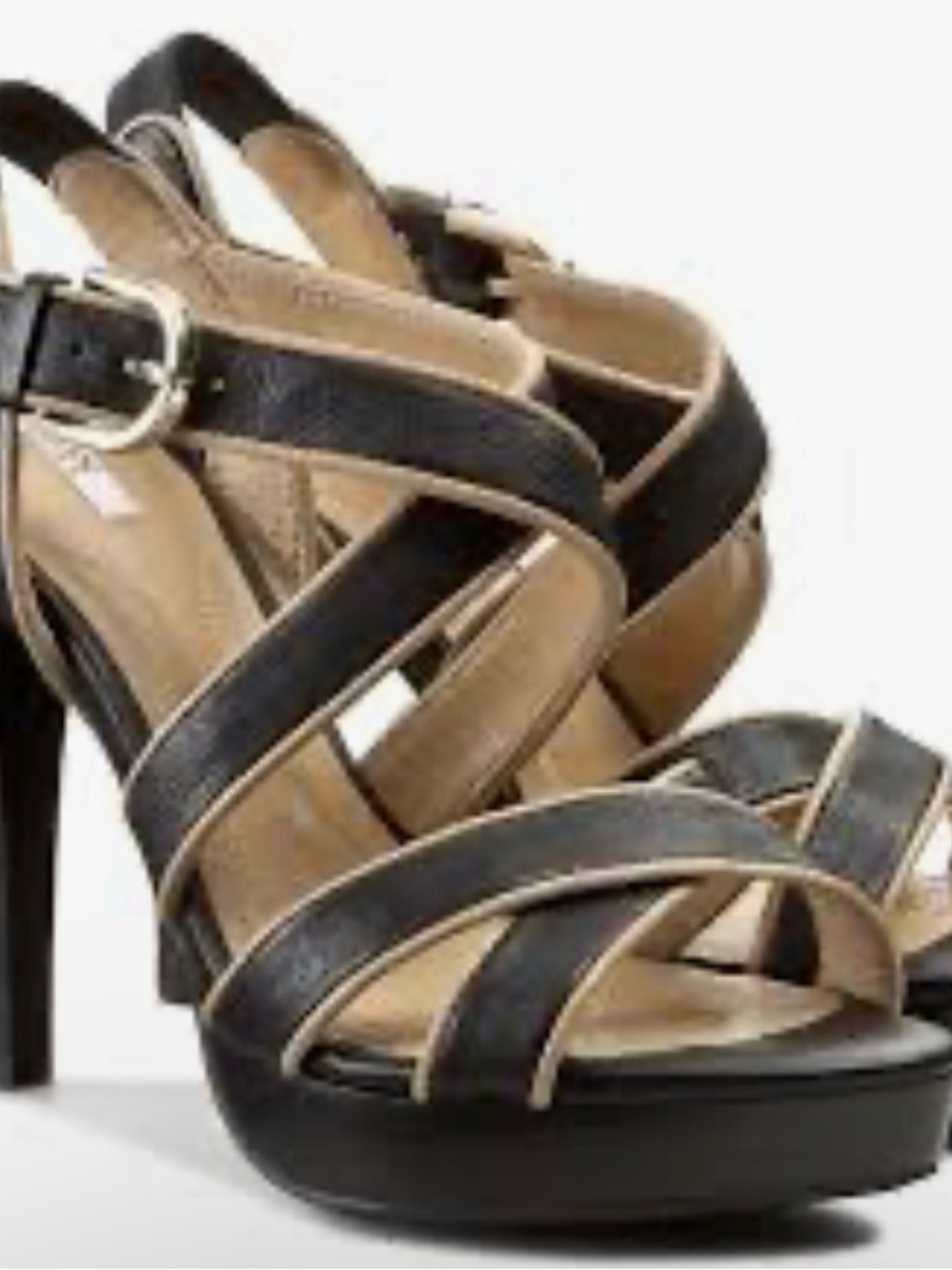 Nine West -Black Strappy High Heel Sandals with Tan Trim